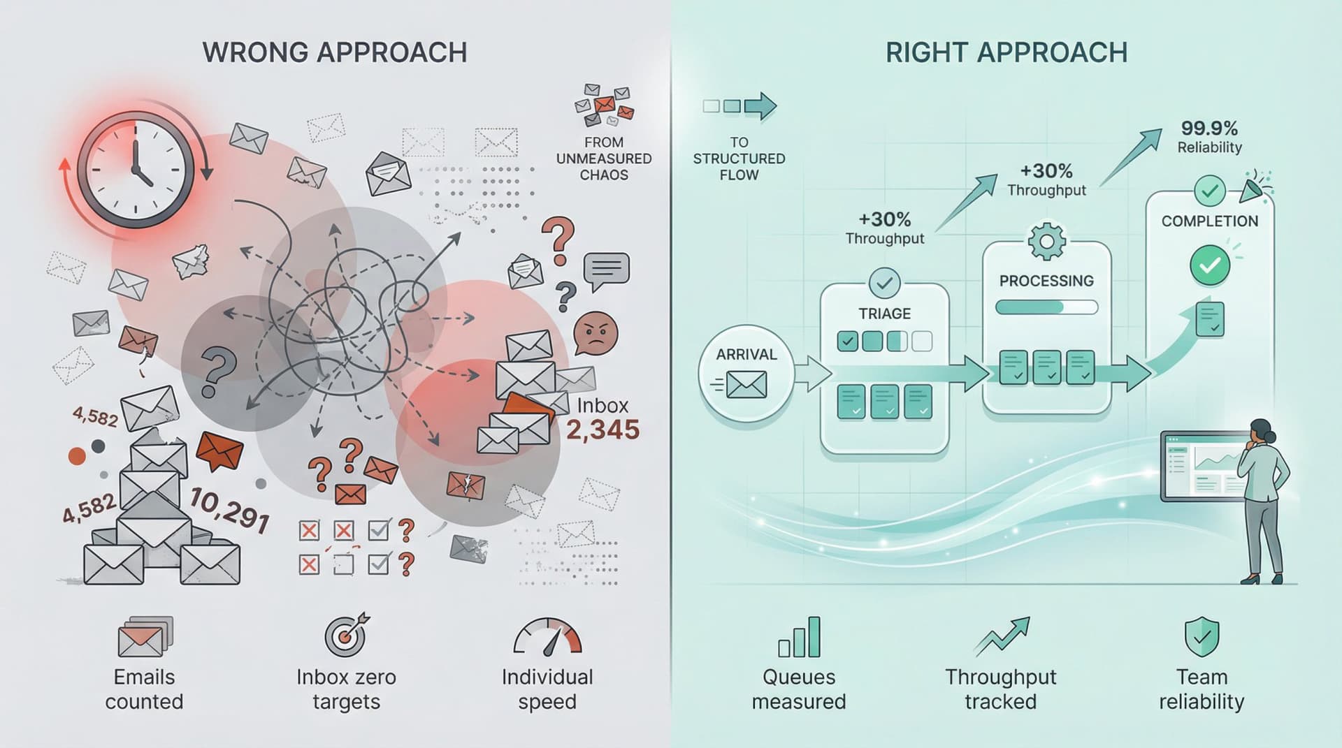 Split-screen contrast showing cluttered wrong email metrics on left (scattered emails, unclear flow) versus clear queue-based metrics on right (organized work items, defined flow path)